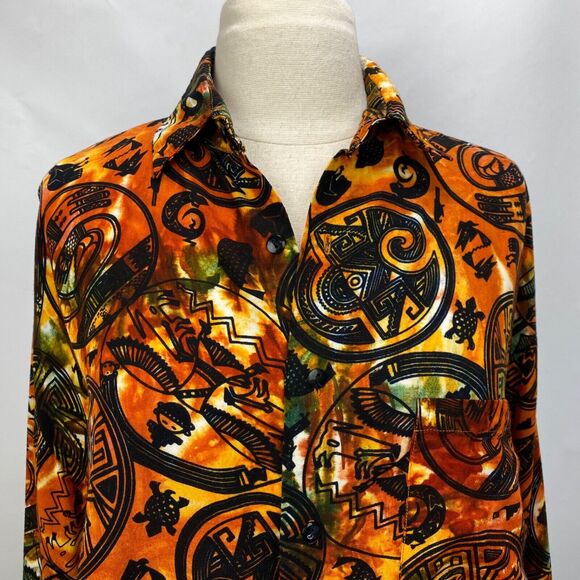 Vintage 90s Y2K Woman Blouse Medium Button Up Orange Boho Peasant Tribal Novelty - Picture 4 of 16